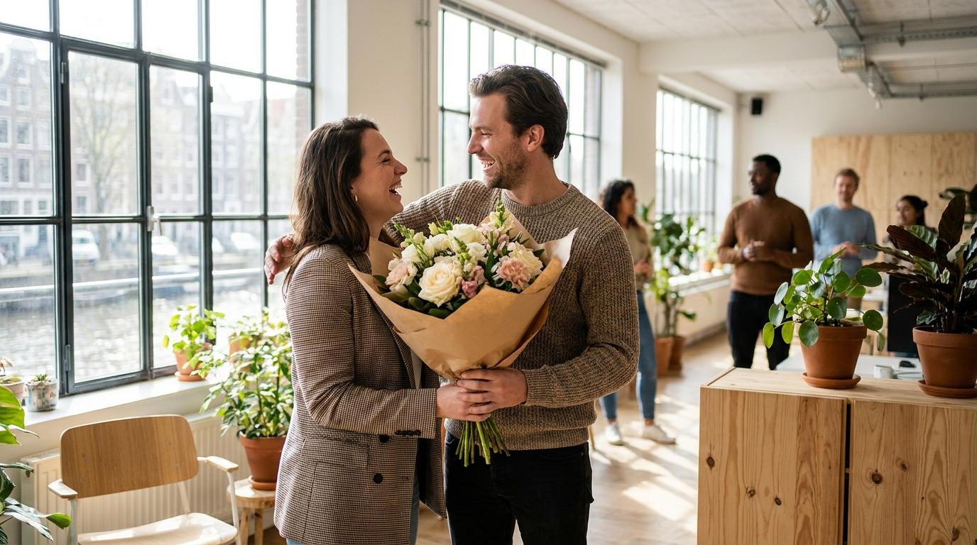Collega's geven elkaar bloemen op kantoor